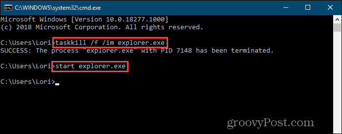 Zabijte proces explorer.exe a restartujte jej na příkazovém řádku v systému Windows 10