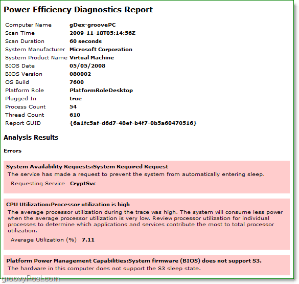 prohlédněte si diagnostickou zprávu o energetické účinnosti v systému Windows 7
