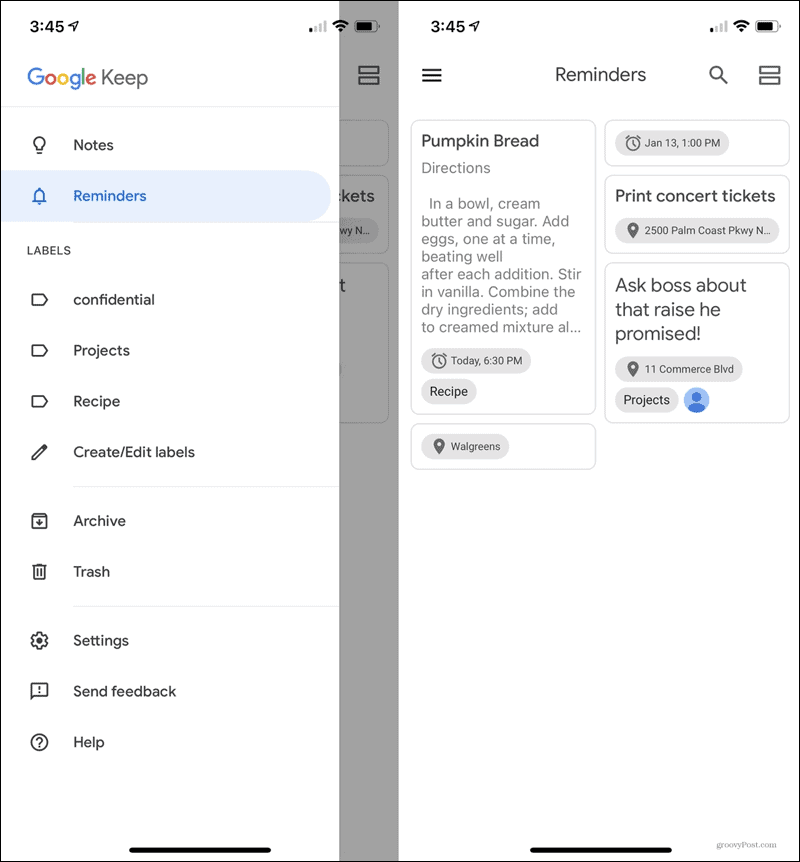 Všechny připomenutí Google Keep Mobile