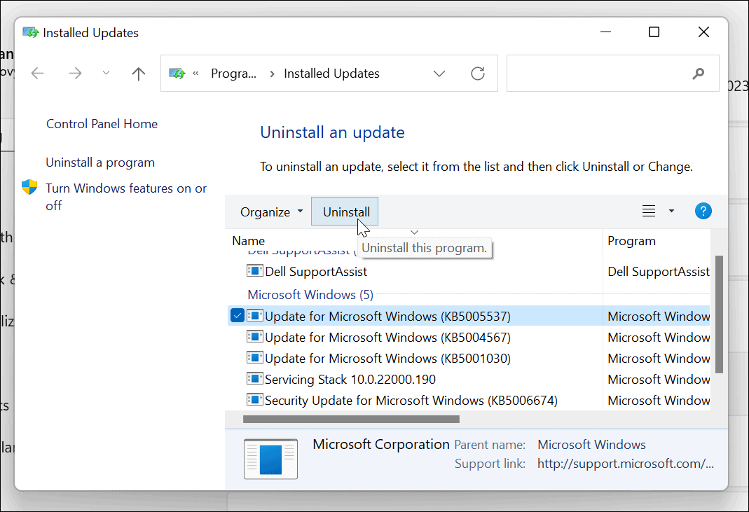 odinstalujte kumulativní aktualizaci systému Windows 11