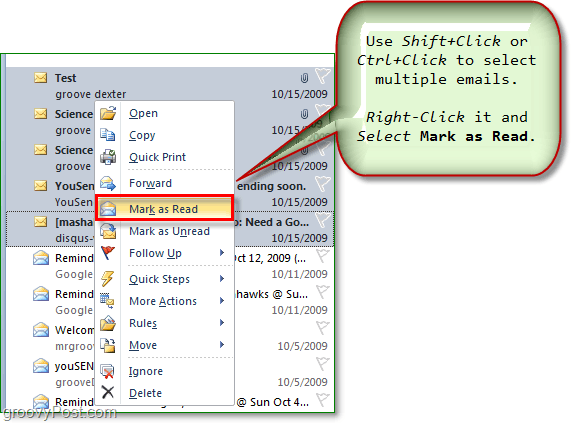 vyberte více e-mailů a označte více e-mailů jako přečtené nebo nepřečtené v aplikaci Outlook office 2010