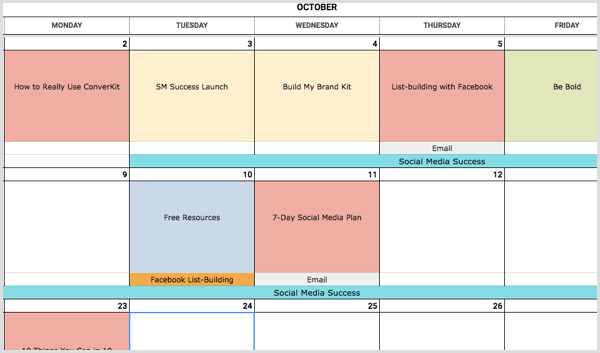 barevné kódování kalendáře sociálních médií