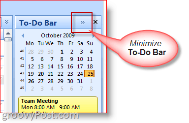 Panel úkolů aplikace Outlook 2007 – minimalizovat