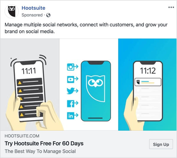 Zprávy v reklamě na Facebooku Hootsuite jsou jasné a stručné. 
