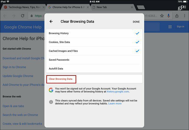 Vymazat data prohlížení Aplikace Chrome pro iOS