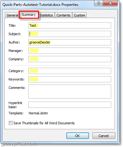 karta Souhrn umožňuje upravit rozšířené vlastnosti dokumentu ve Word 2010