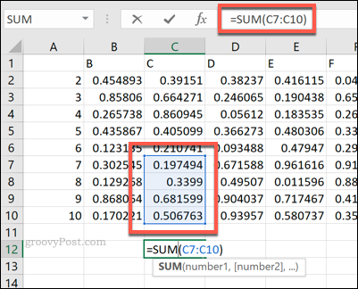 Vzorec SUMA Excelu používající oblast buněk