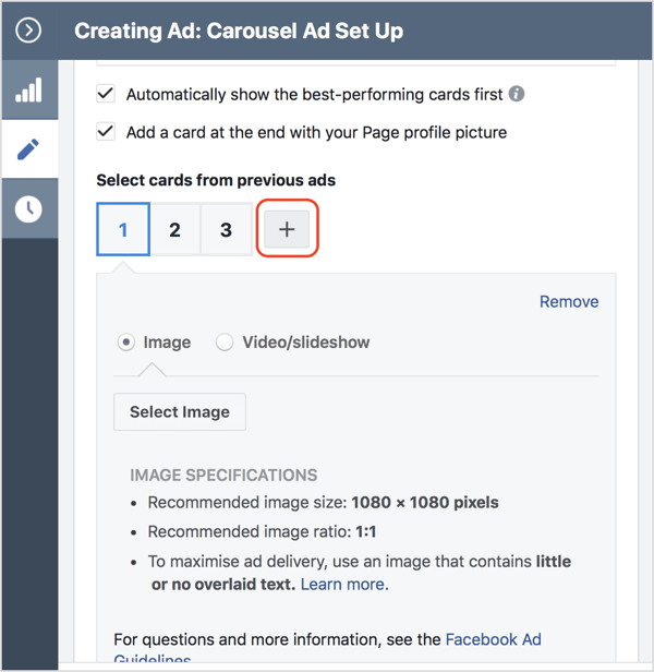 Kliknutím na ikonu + přidáte do své karuselové reklamy na Facebooku kartu.
