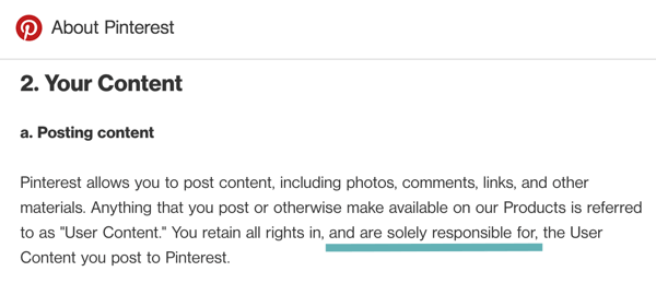 Podmínky Pinterest jasně říkají, že jste zodpovědní za uživatelský obsah, který zveřejníte.
