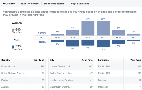 Demografické údaje o publiku Facebook Insights.