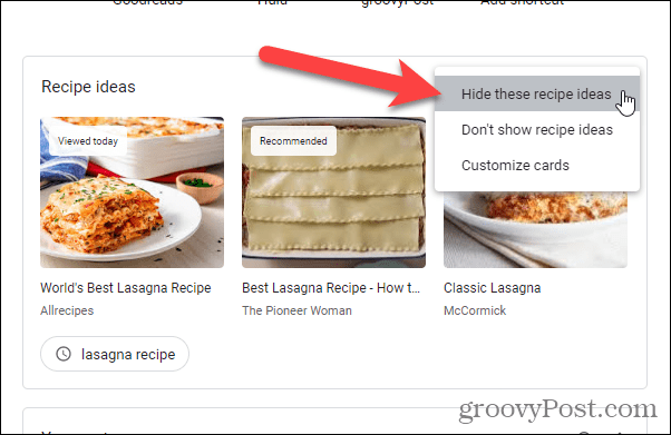 Na stránce Nová karta Chrome vyberte Skrýt tyto nápady na recepty