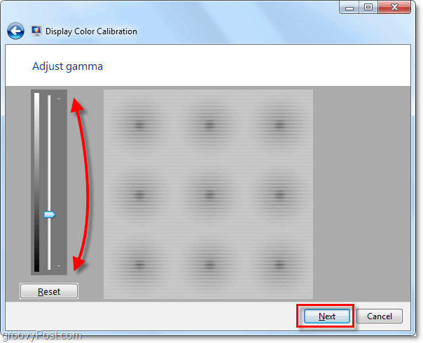 použijte posuvníky pro posun gama nahoru a dolů, aby odpovídal obrázku z předchozí stránky Windows 7
