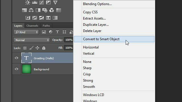 Cheat Photoshop Text Layer Transformers Vrstva panelu trikových vrstev převádí na inteligentní vrstvu Smart Object Cheat Photoshop cheat