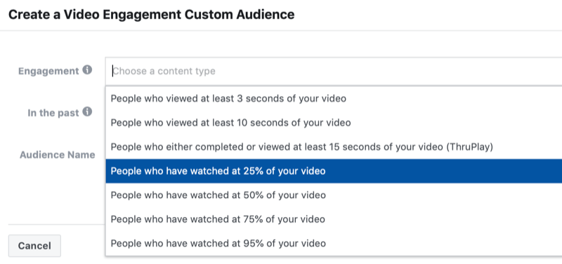 dialogové okno k vytvoření vlastního publika pro interakci s videem na Facebooku