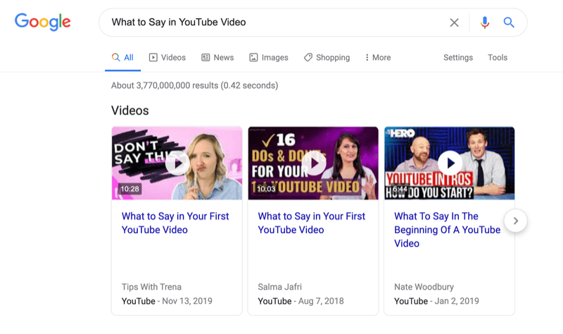 snímek obrazovky vyhledávání Google, co má být řečeno ve videu na YouTube, s výsledky vyhledávání videí
