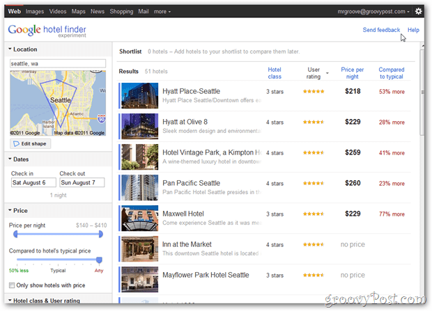google hotel vyhledávač seattle