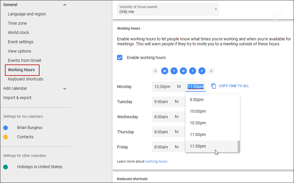 Nastavit pracovní dobu pro jednotlivé dny Kalendář Google