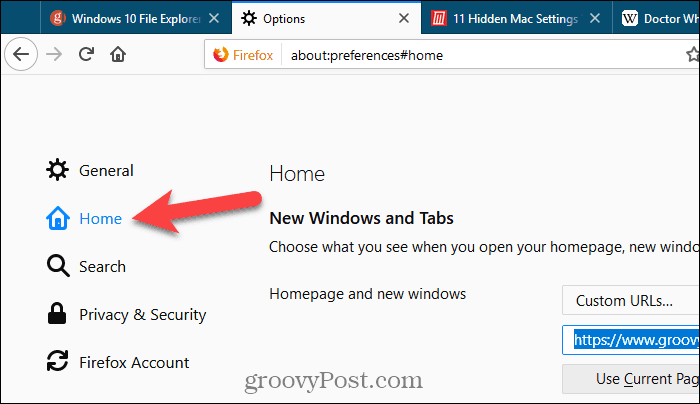 Ve Firefoxu klikněte na domovské stránce na stránku Nastavení