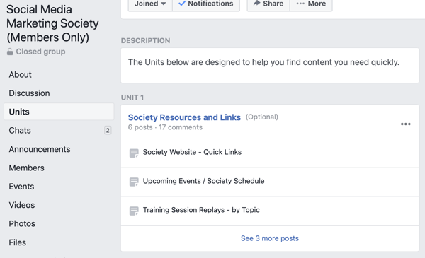 Jak používat funkce skupin na Facebooku, příklad skupinových jednotek pro společnost Social Media Marketing Society 