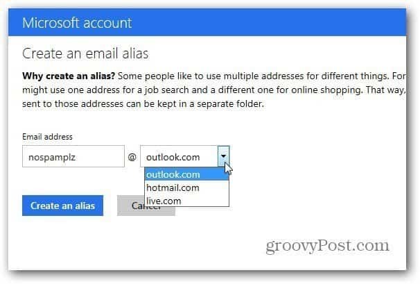 Alias ​​funkce Outlook.com