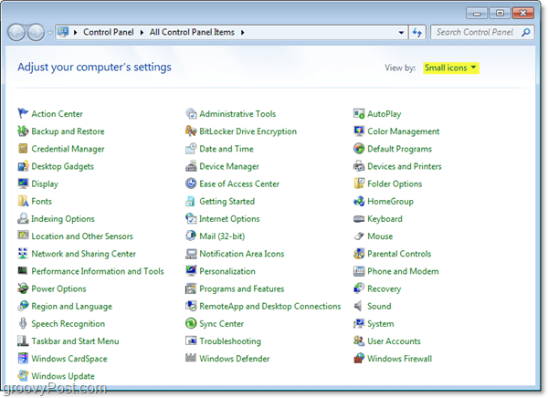 ovládací panel systému Windows 7 automaticky v zobrazení malých ikon