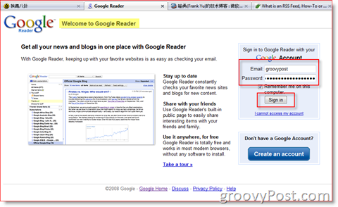 Přihlašovací stránka Google Reader:: groovyPost.com