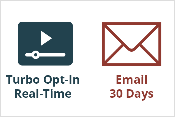 Turbo-opt-in, které Nicole Walters doporučuje, funguje v reálném čase, jak je znázorněno ikonou videopřehrávače a modrým textem. Převod e-mailové sekvence trvá přibližně 30 dní, jak je znázorněno ikonou a textem kaštanové obálky. 