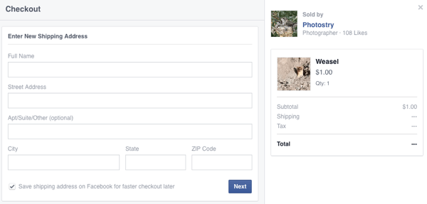 zákazník zadá dodací údaje pro první nákup na facebooku
