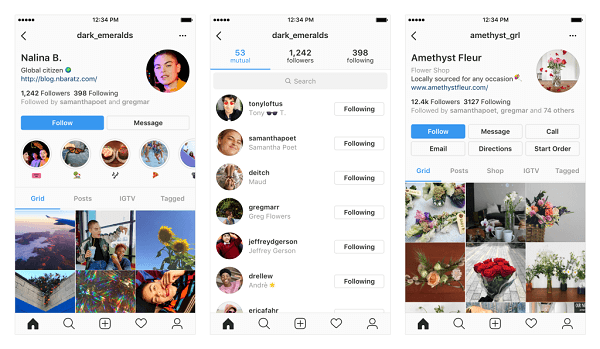 Příklady možných změn ve vašem profilu Instagram.