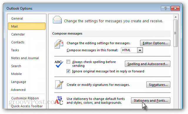 Outlook 2010 mail možnosti