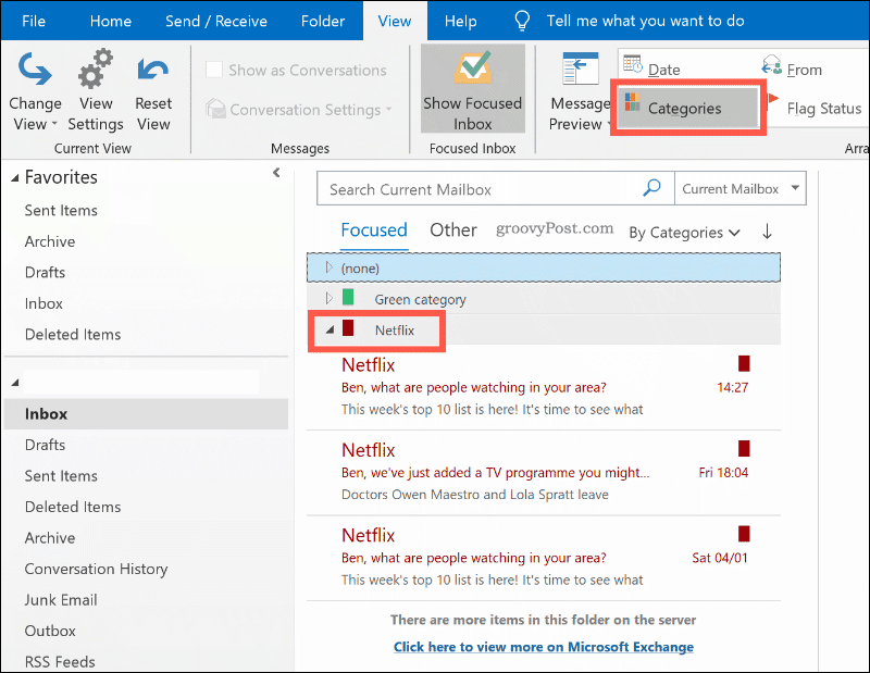 E-maily seřazené podle barevné kategorie v aplikaci Outlook