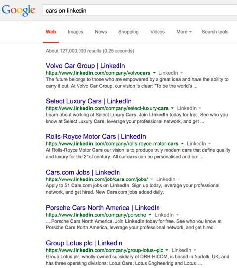 Stránka společnosti Linkedin vede k výsledkům vyhledávání Google pro auta na Linkedin