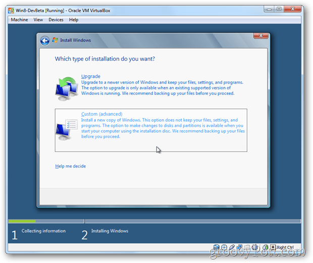 VirtualBox Windows 8 zvolit vlastní instalaci