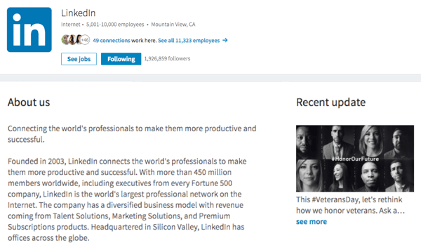 Zkontrolujte svůj obrázek, O nás a aktualizace na stránce vaší společnosti LinkedIn.