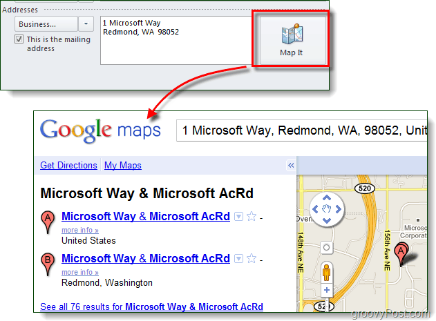 zmapujte to pomocí google maps v aplikaci outlook