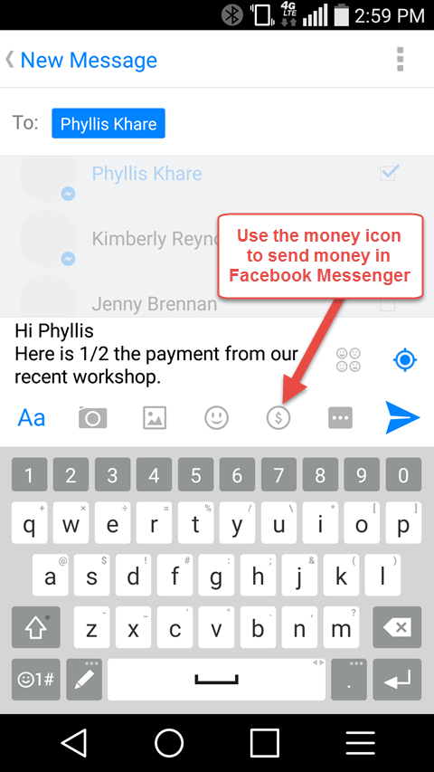 možnost zaslat peníze v aplikaci Facebook Messenger