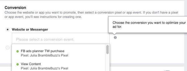 Když nastavujete reklamní kampaň s konverzí na webu, vyberte pixel, který bude použit ke sledování konverzí.