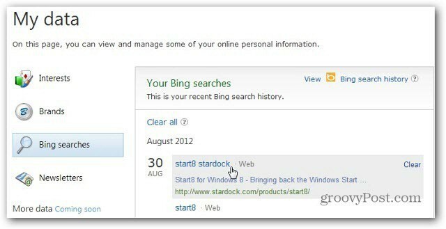 Historie vyhledávání Bing
