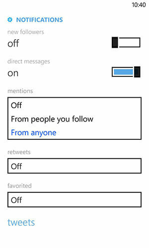 nastavení oznámení na Twitteru pro Windows Phone