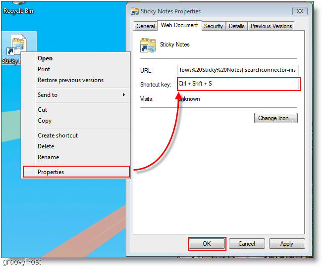 Windows 7 Vytvoření nové nabídky přiřazení klávesových zkratek: Snímek obrazovky