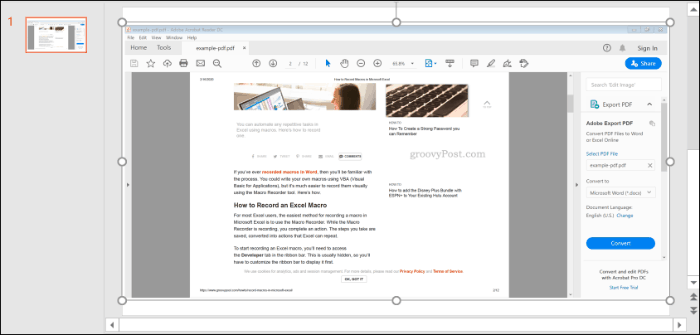 Snímek obrazovky souboru PDF vložený do aplikace PowerPoint
