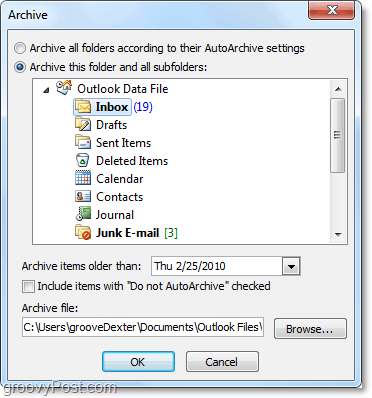 ruční nastavení archivu v aplikaci Outlook 2010