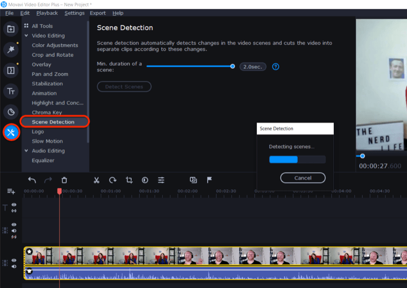 přístup k funkci detekce scény v Movavi Video Editor Plus