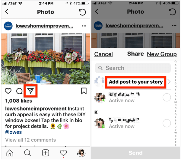 Chcete-li do svého příběhu na Instagramu přidat veřejný příspěvek, otevřete příspěvek, klepněte na ikonu letadla pod obrázkem a poté z rozbalovací nabídky vyberte Přidat příspěvek k vašemu příběhu.