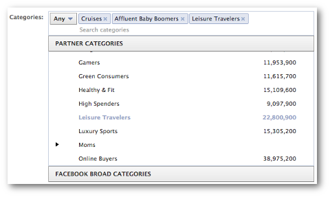 vyberte kategorie partnerů na facebooku