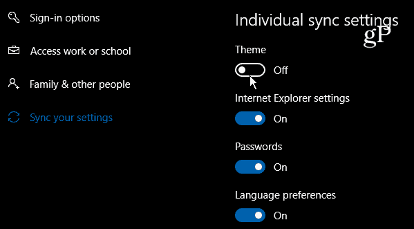 Windows 10 Individuální nastavení synchronizace