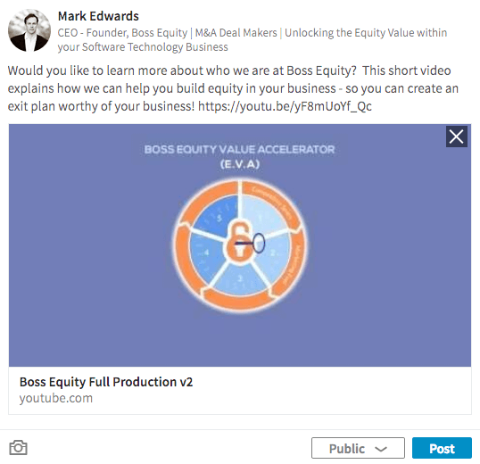 Sdílejte odkazy na videa ve svých aktualizacích LinkedIn, abyste předvedli své podnikání.