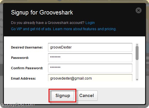 Proces registrace aplikace Grooveshark
