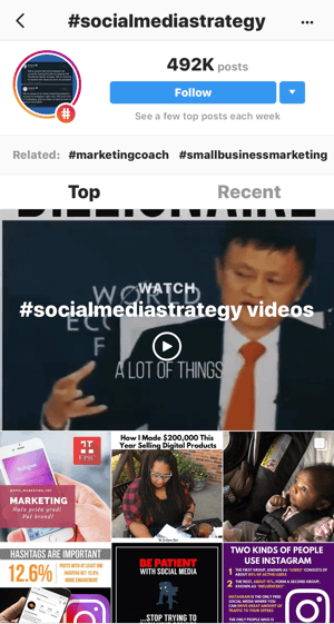 Jak strategicky rozšířit svůj Instagram po kroku 11, vyhledání relevantních příkladů příspěvků, ukázkové vyhledávání videí „#socialmediastrategy“