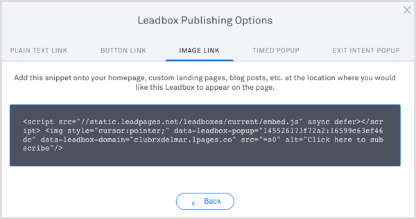 Publikovat kód LeadPages leadbox 
